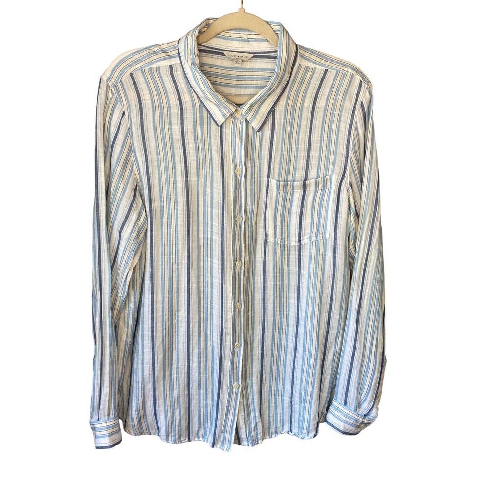Lucky Brand Womens Blue White Striped Button Down Shirt Large Long Sleeve Pocket